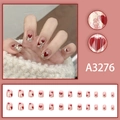 Sparkly nude pink press-on nails with red heart patterns and glitter, 24-piece full set - A3276 (Glue Style)