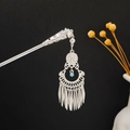 Silver hollowed hair stick with tassels and blue-green bead in vintage Chinese style - Blue Green Bead Hollow Tassel (F202)
