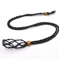 Macro shot of black hand-woven cord with adjustable net pocket and wooden beads - Extra Large Net Pocket (No Stone Included) / Black