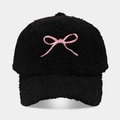 Close-up of black fleece baseball cap with pink bow embroidery and soft wool texture - Adjustable / Black Bow