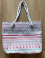 Ethnic style large canvas tote bag featuring red and green geometric stripes and rope handles - Ethnic Stripes