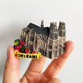 3D resin fridge magnet featuring Orleans Cathedral with red roses and yellow banner - (89) Orleans France