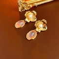 Vintage gold flower earrings with pearl centers and oval pink gemstone pendants - 24# Silver Pin-Gold Oval Flower
