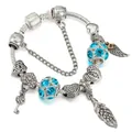 Silver snake chain bracelet with blue crystal beads, heart charms, and feather pendants - 16cm / Style A8/LOVE Heart Feather Crystal Style