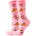 Pink crew socks with pizza and soda pattern, comfortable cotton blend fun casual socks - Size 35-42 / Pink Pizza