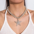 Silver bead necklace with a detailed starfish pendant in a marine-inspired style - Silver (Silver Bead Chain Starfish Pendant)