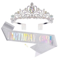 Silver Birthday Girl glitter sash and rhinestone tiara set for party decorations - One Size