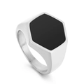 Elegante anillo de acero inoxidable plateado con un sello hexagonal negro minimalista - US 7 / Color Acero (KR105855-KFC)