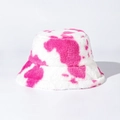 Close-up detail of soft pink cow print plush faux fur bucket hat with fluffy texture - M (56-58cm) / Rose Red