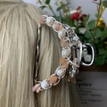 Silver metal hair claw clip featuring white pearls and pink quartz stone embellishments - Sunstone Deep Sea Pearl Silver Hair Claw