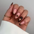 Elegant almond-shaped French press-on nails with leopard tortoiseshell and 3D gold hearts - French Leopard Pattern With 3D Heart (JP4167)
