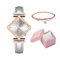 Montre femme à quartz avec bracelet cuir argenté, boîtier or rose et ensemble bracelet étoile - Montre blanche, bracelet et coffret cadeau