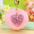 Pink pompom keychain with a sparkling rhinestone heart charm and golden metal hardware - Pink Heart + Pink Pom Pom