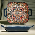 Bohemian style 9 inch ceramic square plate with blue mandala pattern and dual handles - Bohemian Square Plate with Handles / Blue