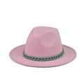 Close-up of pink wool fedora hat featuring a bold matte green chunky chain accessory - Adult 57-60cm / Pink With Green Chain (04)