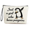 Borsa per cosmetici in tela con stampa di pinguino e scritta Just a girl who loves penguins - 17*25cm (Lino) con Cinturino / Stile con Stampa Pinguino (Stile 1)