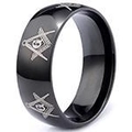 Detail shot of a black stainless steel ring featuring an engraved Freemason symbol - US 7 / Black Stainless Steel Masonic Band (20106) / Black Masonic (20106)