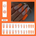 Detail of medium-long coffin nails in orange and glitter showing full 24-piece set - W941 Energetic Orange