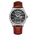 Men's quartz watch with black textured dial, day-date window and brown leather strap - Silver Case Black Dial Brown Leather Strap
