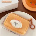 Porte-monnaie chien en peluche gingembre avec zip et crochet, texture douce, taille 11,5x8cm - Carré / Chien Carré Blanc