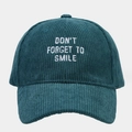Detailed texture of dark green corduroy baseball cap with Smile slogan embroidery - One Size / Dark Green