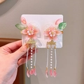 Pink floral hair clip set with pearl tassels and golden leaves for Hanfu styling - Pink Shell Flower Clips