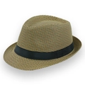 Classic men's fedora hat featuring houndstooth pattern and black grosgrain ribbon trim - Khaki