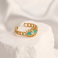 Gold-plated evil eye open ring with chain band on white stone minimalist display - Adjustable Open / 18K Gold Plated Evil Eye Teal