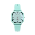 Detailed macro shot of mint green square quartz watch with a textured dial and soft strap - Green