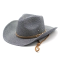 Two-tone woven straw cowboy sun hat with brown faux leather band and adjustable chin strap - M(56-58cm) / Navy Blue