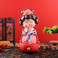Pink Tang Dynasty style wobbler ornament with fan and golden accents on red base - -35 With A Fan* / Ancient Style Ornament Series