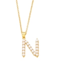 Detail of gold letter N pendant featuring white pearls on a delicate link chain - Letter N