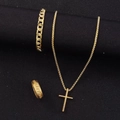 Golden 3-piece jewelry set with cross necklace, curb bracelet and textured band ring - Gold Cross Set