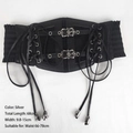 Detail showing lace-up PU leather corset belt with silver skull charms and buckles - 68CM / Black (Silver Buckle)