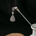 Silver vintage hair pin with hollow bell pendant, green bead and tassel details - Silver/F362/Bell Pendant Green Bead
