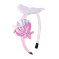 Close-up of mermaid tail headband with shiny sequins, iridescent shells, and starfish. - Pink Multi