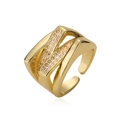 Gold plated geometric open ring with micro-paved cubic zirconia crystals in 45-degree view - Adjustable Open / Gold