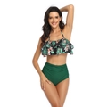 Two-piece floral ruffle bikini set with high-waisted dark green bottoms in tropical print - S / Frangipani