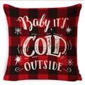 Red and black plaid Christmas pillowcase with Baby It's Cold Outside text and snowflakes - A-10