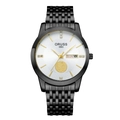 Detail of ORUSS watch dial with date display, luminous hands, and black metal strap - 9-row Black Strap - White Dial