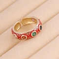 Vintage verstellbarer Goldring mit roter Emaille und bunten Zirkoniasteinen - Einstellbar Offen / Rot