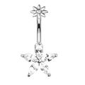 Piercing de nombril en acier argenté avec fleur en zircone marquise à cinq pétales - Style 43