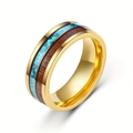 Golden stainless steel ring featuring wood inlay and blue opal stone textures - Gold Wood Blue Stone