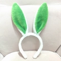 White plush bunny ear headband with green sequin inner details for Easter costumes - White and Green Plush Bunny Ears