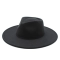 Classic black wide brim wool felt jazz fedora hat with flat brim and pinched crown design - M (56-58cm) / Black