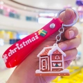 Christmas gingerbread house keychain with red silicone strap and silver metal ring - Gingerbread House