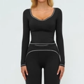 Completo nero da yoga con bordi bianchi a contrasto e leggings a vita alta sportivi - S / Nero Premium