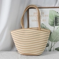 Straw tote bag with beige and tan wide stripes and circular handles for beach summer style - 45*25cm / White Khaki Stripes