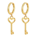 18K gold plated stainless steel hoop earrings with heart-shaped key charms for women - Gold Key And Heart Style
