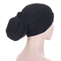 Elegant black chemo headscarf for women featuring a stylish knotted wrap and pleated design - Black
